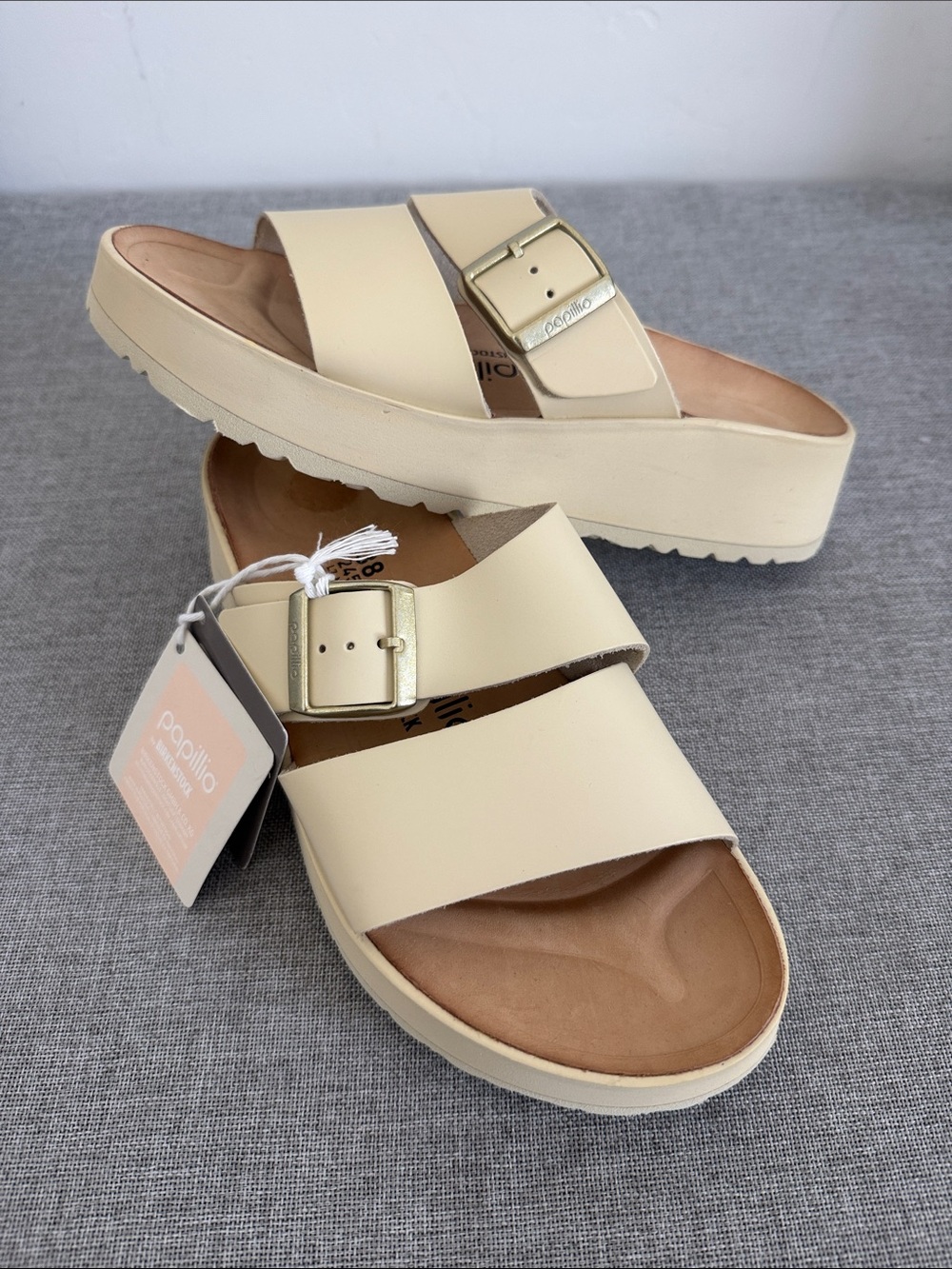 Papillio by Birkenstock Almina Platform Wedge Sandals Ecru Leather sz 7